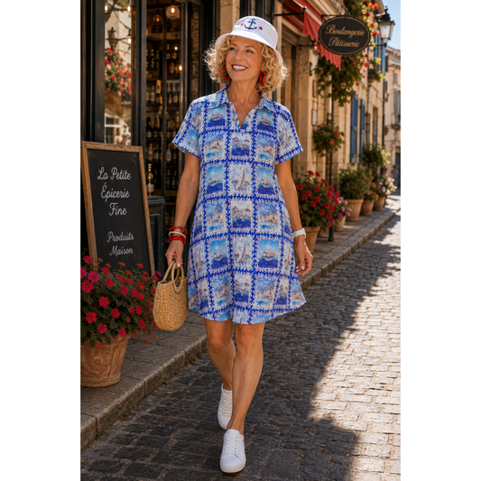 Button Dress, Lapel Collar, Nautical Yacht Club Inspired.