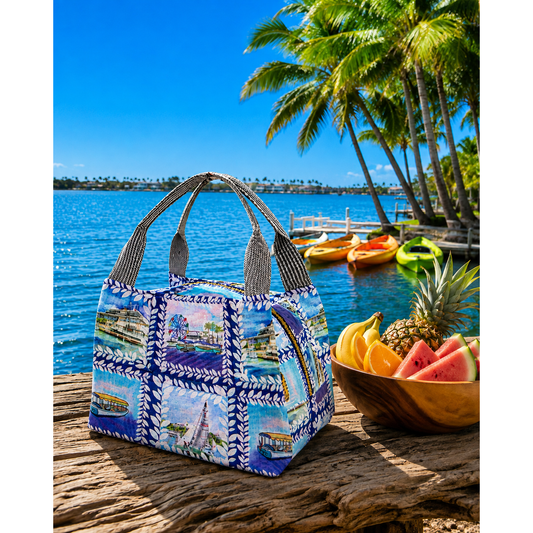 Portable lunch box, purse with grey handle